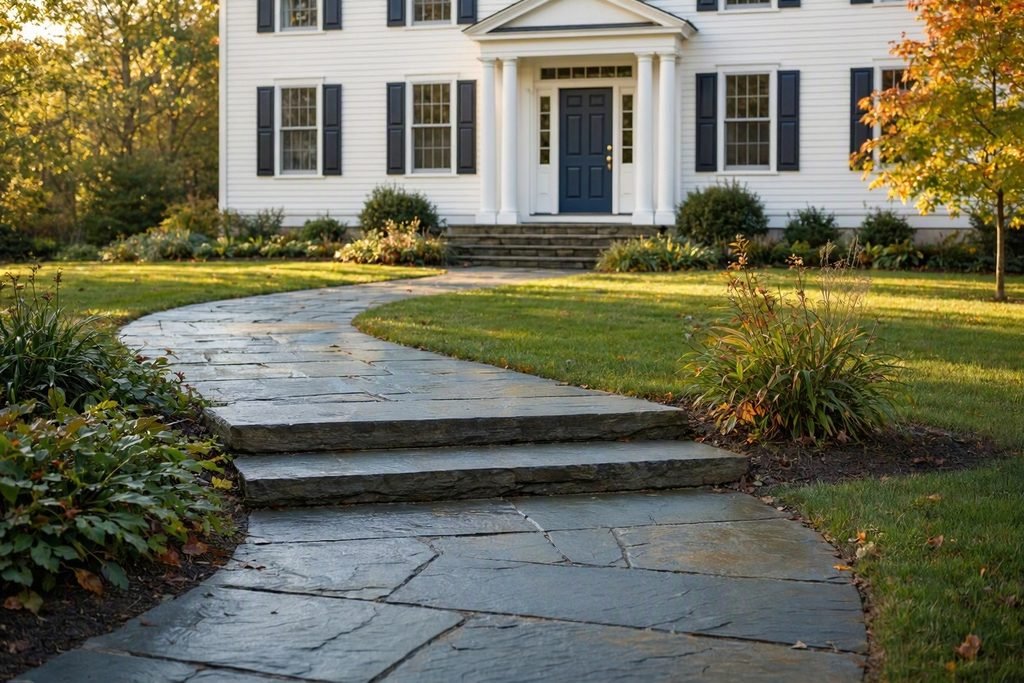 Bluestone walkway and stone steps to a front door