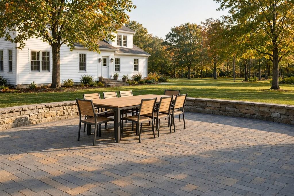 Paver patio with stone seat wall behind a colonial home