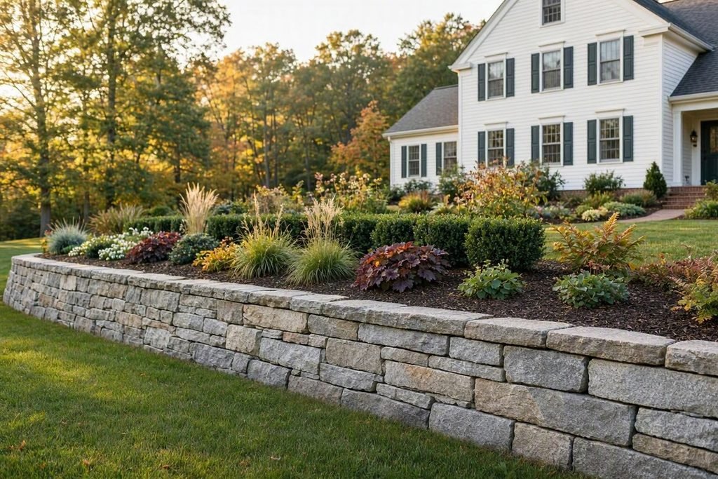 Natural stone retaining wall on a sloped yard
