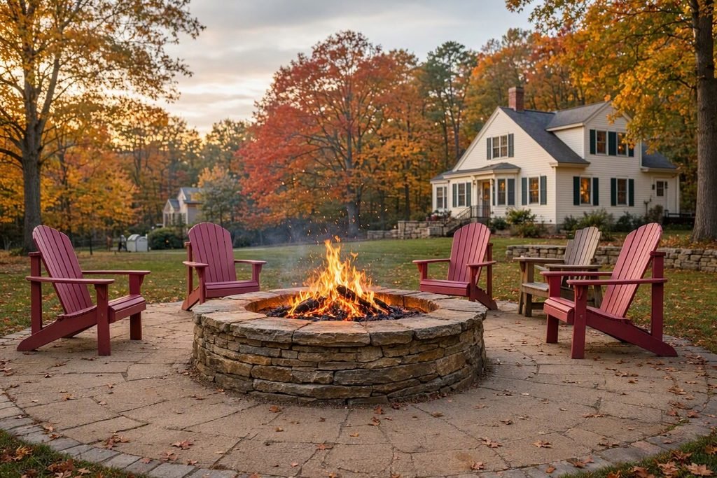 Stone fire pit with Adirondack chairs on a paver patio