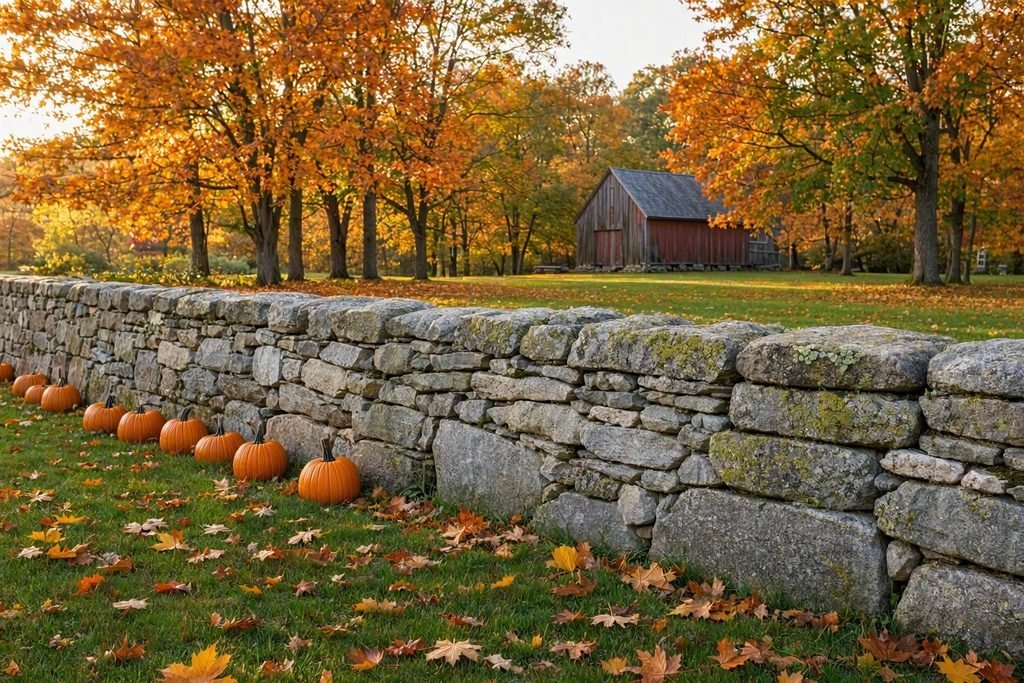 New England fieldstone wall in autumn